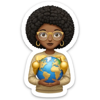 a young woman wearing gold round glasses and black afro hair, she has medium-dark skin, she's wearing a sweater and she's holding a globe in her hand sticker