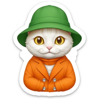 white cat with orange coat and green hat that says 'I'm cat', emoji style variation 3 sticker