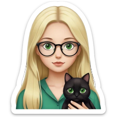 Girl with glasses and long blonde hair and green eyes holding a black cat sticker
