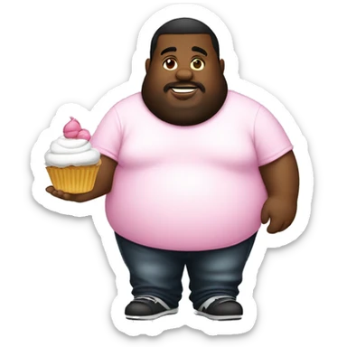 Big and fat man black wearing white t-shirt holding cupcake pink sticker