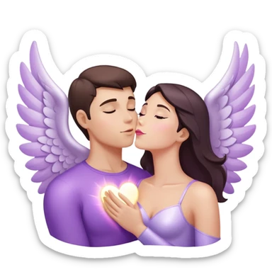 White brunette human man with rays of light Heart kisses a pastel purple woman angel sticker