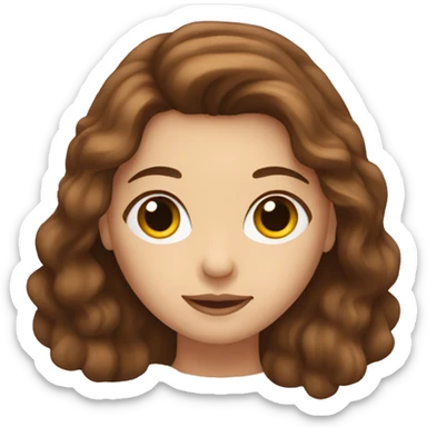 brown-haired woman with long hair, brown eyes, showing a heart sticker