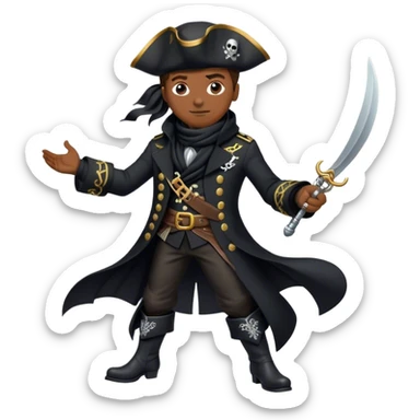 A confident pirate captain in a tailored black coat with silver embroidery, black boots, and a windswept black scarf. sticker