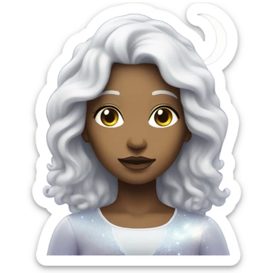 white mystical woman with sparkling galaxy hair with moon and stars in purple and blue shades sticker