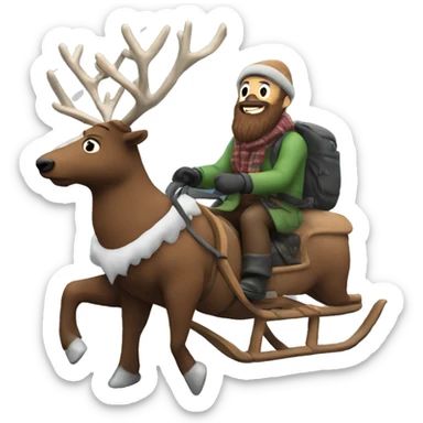 bearded man outdoors in a snowstorm riding a flying reindeer sticker