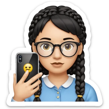 Black hair is braided to the left, bangs, horn-rimmed glasses, and only the eyes of the emoji taking a mirror selfie with iPhone white are visible, and the nose is covered with the iPhone sticker