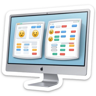 Create an emoji for UX/UI design. Show two large curved monitors side by side, displaying wireframe sketches or design mockups with interface elements like buttons, sliders, and icons. Use modern, professional colors. Do not include any emojis or smiley faces. Make the background transparent. sticker