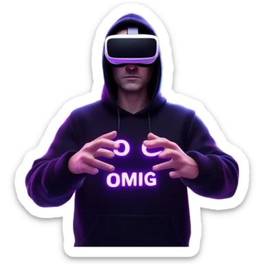 Russian man wearing a black hoodie with "OMG" letters on it and VR headset oculus quest 2 in a cyberpunk VR environment with violet neon lighting. Showing direction with hand sticker