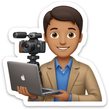 man's head with dark brown hair, holding a laptop and a camera, happy positive professional smile and expression sticker