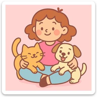 pastel toon style of a sweet little girl sitting with a cat and dog in her lap, gentle pastel colors, rounded features, charming and approachable sticker