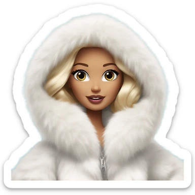 Barbie in an extremely big fluffy oversized white fur coat with hood on. The fur is real and it’s very obvious big and fluffy like in Pinterest  sticker