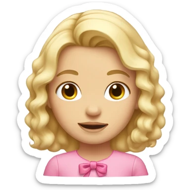 girl with blonde hair, wavy layered hair, pink bow in hair, pink shirt on sticker