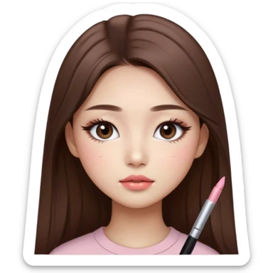 “korean straight long brown hair Emoji girl, soft eyeliner and blush, gradient lips, light brown shimmer eyeshadow sticker