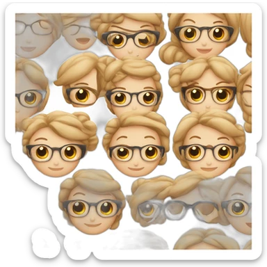 Mujer, pelo cobrizo, tez blanca, ojos cafés, lunar al lado derecho de la barbilla, cejas delgadas, pestañas largas, con lentes transparentes, con fleco, sticker