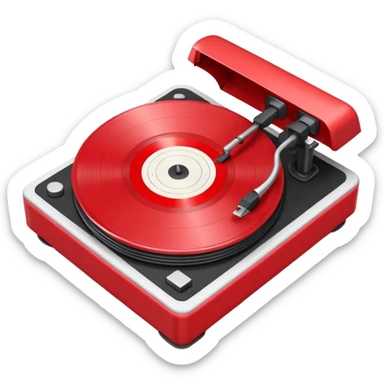 Generate a high-quality 3D cartoon-style emoji of a red LP record placed inside a white LP turntable, realistic shading, smooth gradient colors, rounded and cute appearance, simple white background, high-resolution. sticker