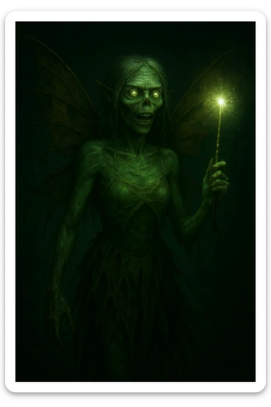 Edit the image of a zombie fairy holding a glowing magic wand with decayed wings, greenish skin, tattered dress, and an eerie glow. Keep the same style as the reference image. sticker