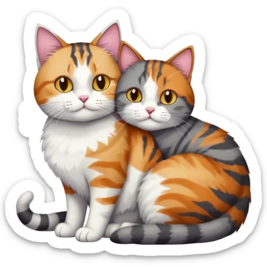 full body colourful light patched calico + white tabby cat cuddling a bigger cat that is dark grey and white tabby cat  and they are in love sticker