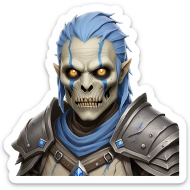 Cinematic Realistic WoW Undead Warrior Portrait, depicted with decayed yet noble features, his weathered, pallid skin etched with ghostly blue veins and ancient scars. Clad in modest, tattered attire in muted browns and greys that remain consistently rugged, his hollow eyes burn with determined defiance. Rendered with lifelike texture and dramatic natural lighting, high shine, noble and resilient, capturing the stoic spirit of an undead veteran of Azeroth. sticker