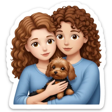 White girl with brown curly hair cuddling with yorkie sticker