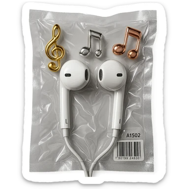 pair of white EarPods with three floating glass music notes in gold, silver, and rose gold, shiny and puffy sticker