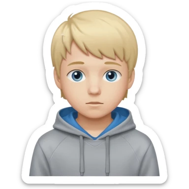 Teen boy with blue eyes and a Grey hoodie who stands up with blond short hair and short bangs sticker