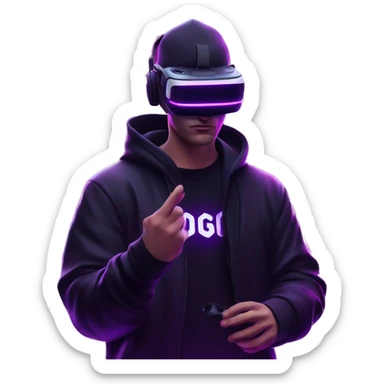 Russian man wearing a black hoodie with "OMG" letters on it and VR headset in a cyberpunk VR environment with violet neon lighting. sticker