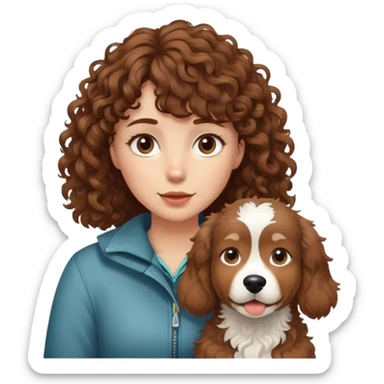 A girl with curly brown bangs and a brown Alaskan dog sticker
