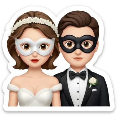 a recently marries couple skiing, masks on in wedding dress and tux sticker