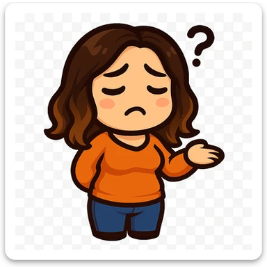 Sticker style chibi emote, matching the attached green heart emote as a base, but with a slightly skinnier body and a bigger chest. Woman from reference, orange sweater and blue jeans, confused with a question mark, cute puzzled face, no headband, no wand, no green heart, transparent background. Top color should not match jeans. sticker
