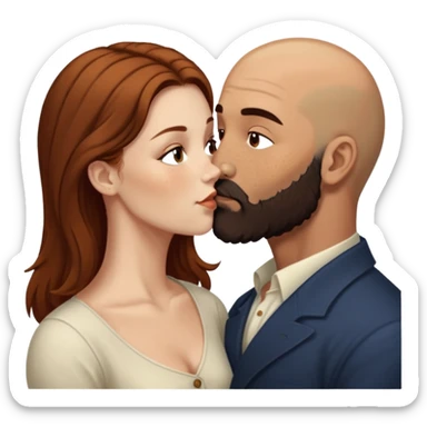 Couple. Bald man with dark brown-black beard. White woman with many small, faded freckles, she has white skin and she has auburn-brown-cinnamon, dark long hair. She has light brown eyes. The man have hazel eyes. She have light eyes. Retro style. She kisses him. Dark akademia. sticker