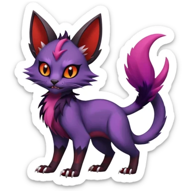 Black edgy Noivern-Noibat-Purloin-Torracat-Lykoi-Caracal-cat-Fakemon-fusion-hybrid-creature with violet and red scale markings sticker
