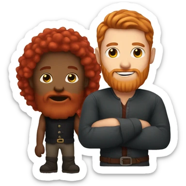 White man with beard and red hair holding a black dwarf sticker