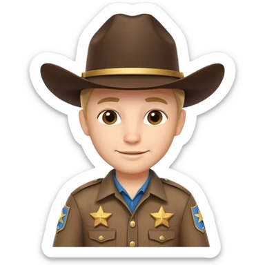 cute sheriff cowboy portrait, head and shoulders only, cowboy hat, sheriff badge on chest, confident smile, western uniform collar, 3D cartoon, mobile game icon style, clean background, no text, no watermark
 sticker