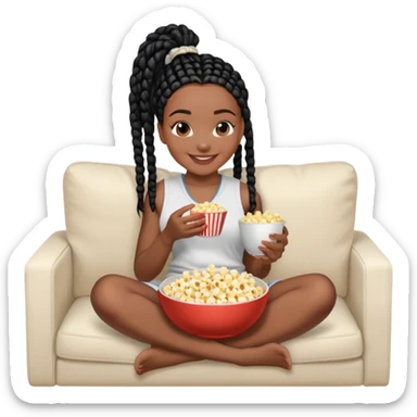 A dark-brown-skinned Black woman with black box braids, holding a large bowl of popcorn in her lap, smiling , wearing comfy loungewear sitting on couch sticker
