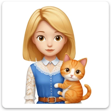 A very beautiful girl with honey-blond hair and kind eyes. She has medium-length hair, is wearing a white lace blouse, blue pants, and a brown belt, and is holding an orange cat.
 sticker