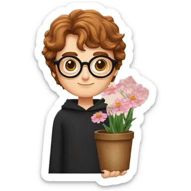 Dessine Harry potter avec des lunettes rondes un baguettes magique dans une main avec les cheveux ondulés avec une cicatrice sur le front et des pots de fleurs dans les mains  sticker