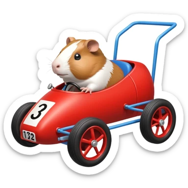 Special air-cooled three-cylinder race car whose frame and suspension is made of shopping cart material with a large rear-mounted gas tank, a soft racing seat, and rear spoiler, is being raced by a small Guinea pig sticker
