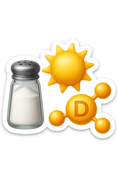 emoji stile iphone di una boccetta di sale, un sole, una particella chimica di VITAMINA D, IPERREALISTICO 4K sticker