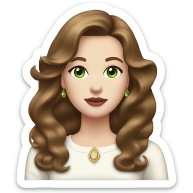 woman, with chestnut brown hair, her hair are a 90s voluminous blowout with curtain bangs, she has very green eyes and a white pale skin, she has pink lipstick on and long lashes, she wears a white to and  gold earrings  sticker