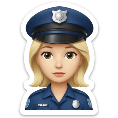 A blonde woman wearing a dark police hat with a silver badge, looking straight ahead with a calm expression. sticker