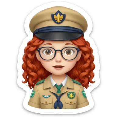 scout girl baby with uniform including the hat,  little with glassess and long curly red hair sticker