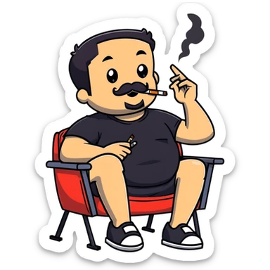Heavy-set man leaning back in chair with legs spread, smoking cigarette, exposed belly, round face, short black hair, well-groomed beard with mustache, black t-shirt with light stripes on top portion, sleeves rolled up, black shorts, arms decorated with black graphic tattoo patterns on forearms and shoulders sticker