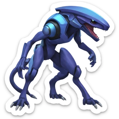 a black-blue Genesect-Raptor-Fakémon—hybrid with a futuristic visor-helmet full body sticker