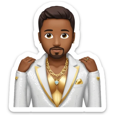 Teddy Riley with dark brown hair, white sequin jacket, shirtless with necklace  sticker