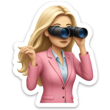 white female employee in pink suit using binoculars with long loose hair looking like secretary sticker