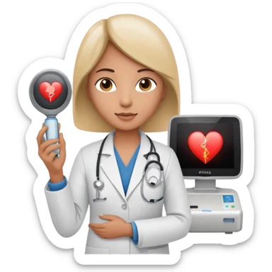 Cardiac sonographer with Philips ultrasound machine sticker