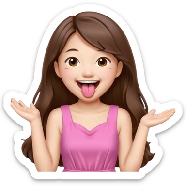 asian girl with long brown hair and fair skin wearing pink dress laughing while sticking tongue out sticker
