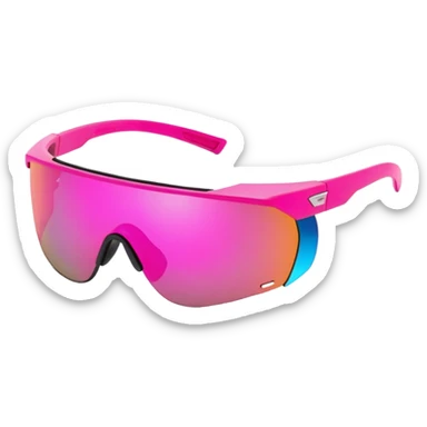 sporty pink shield visor sunglasses with robust thick frame, futuristic athletic design, substantial build, mirrored one-piece lens sticker