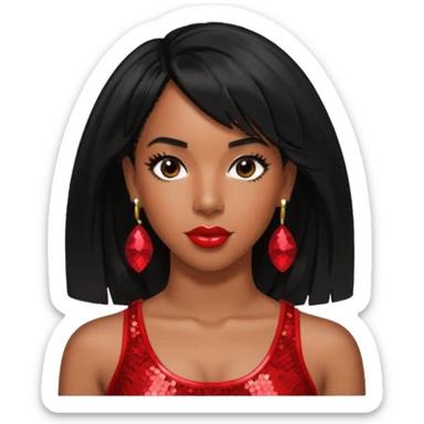 Kelly Rowland with black hair, red sequin crop top, red earring sticker
