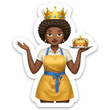 Mujer curvy afro, con piernas gordas y vestimenta cómoda, usando delantal,con una corona sobre su cabeza y sonrisa contagiosa.  sticker